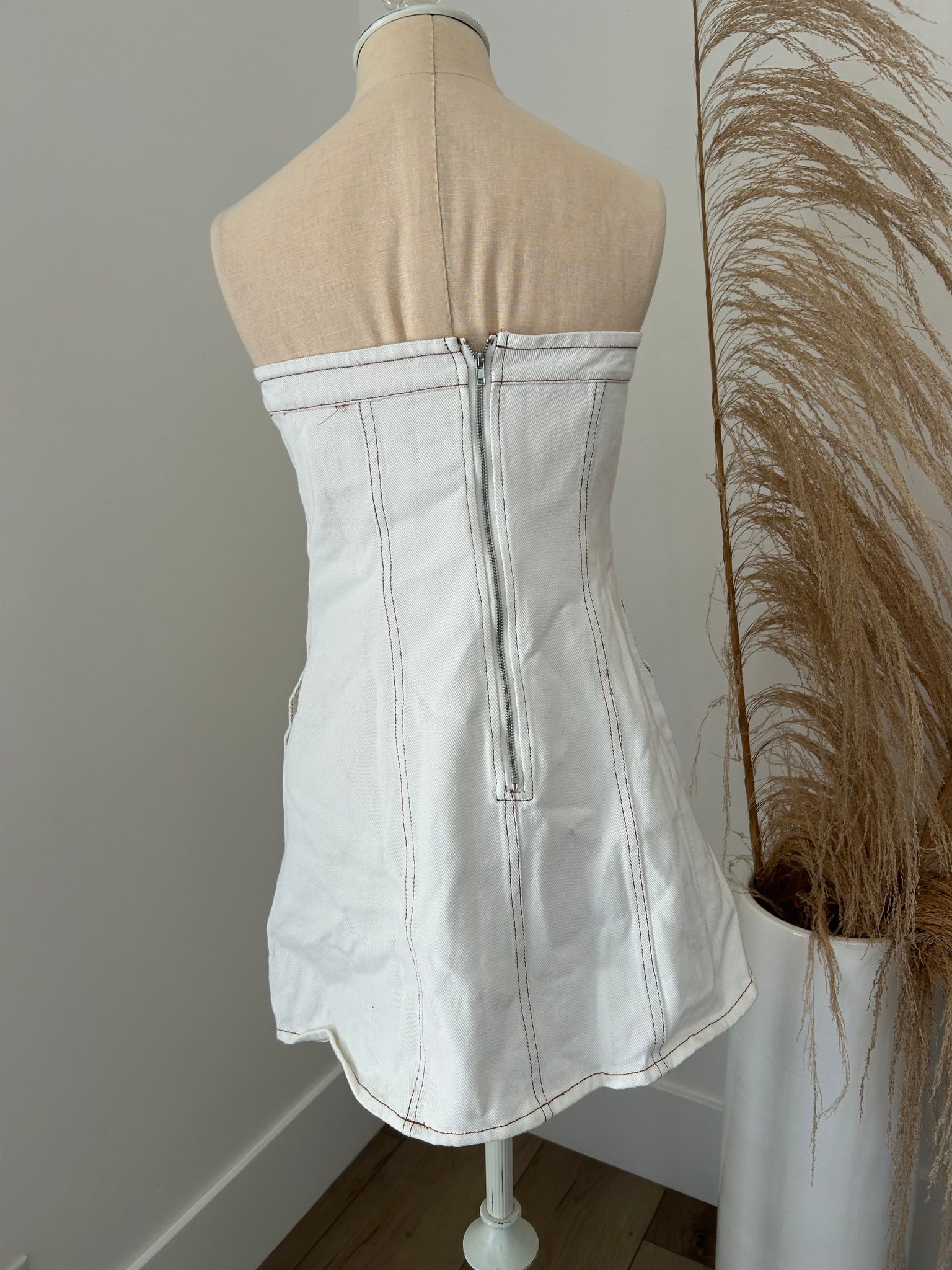 White Denim Strapless Dress by Pink Lily