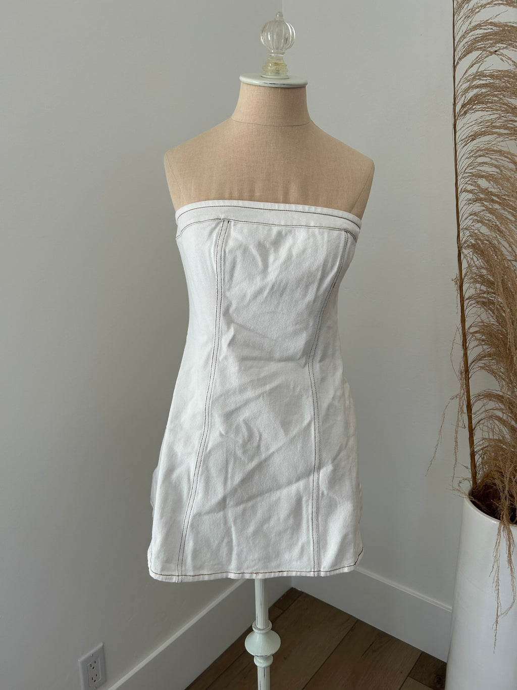 White Denim Strapless Dress by Pink Lily