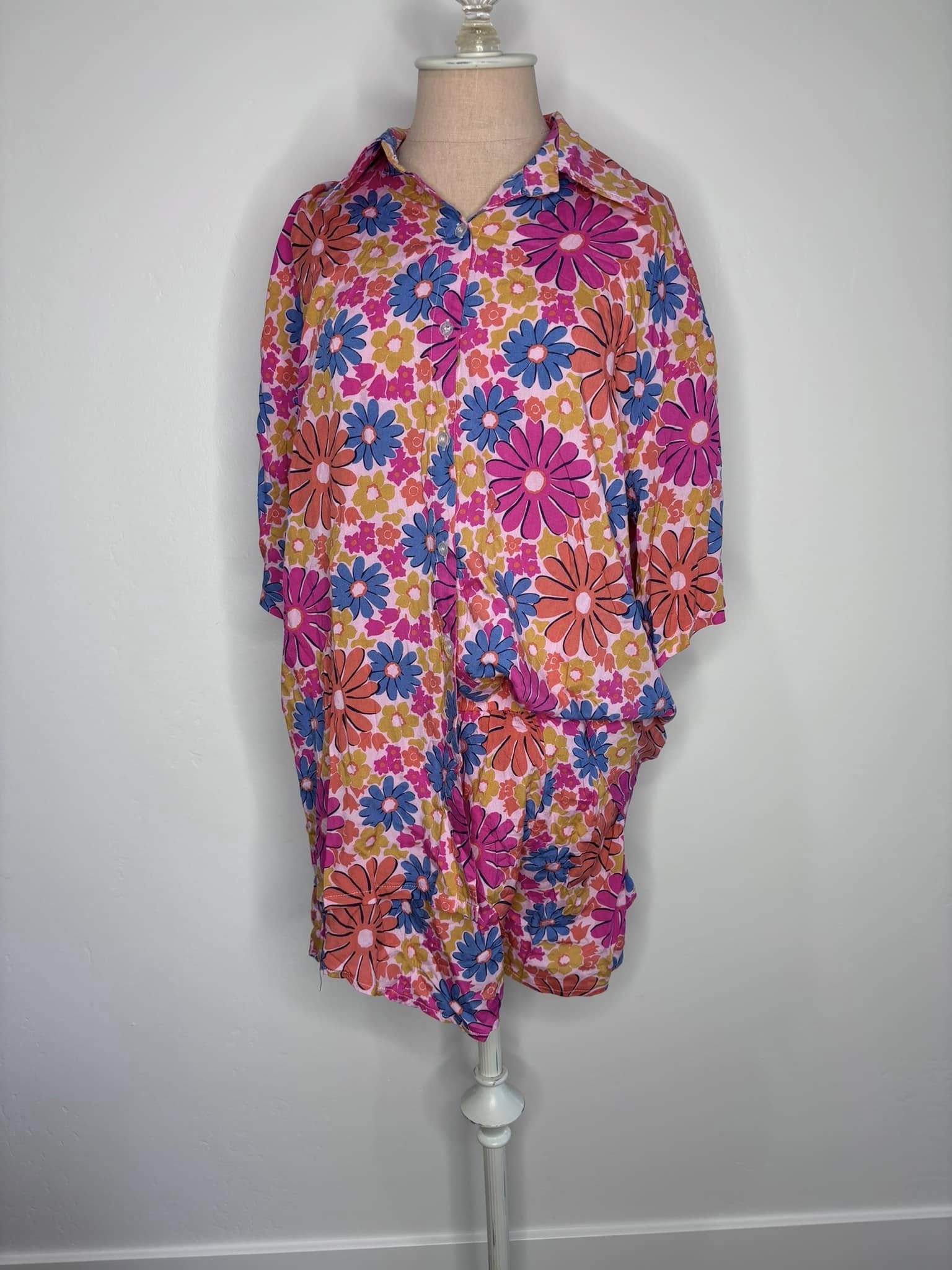 Pink Lily Button Up Tee and Shorts Set