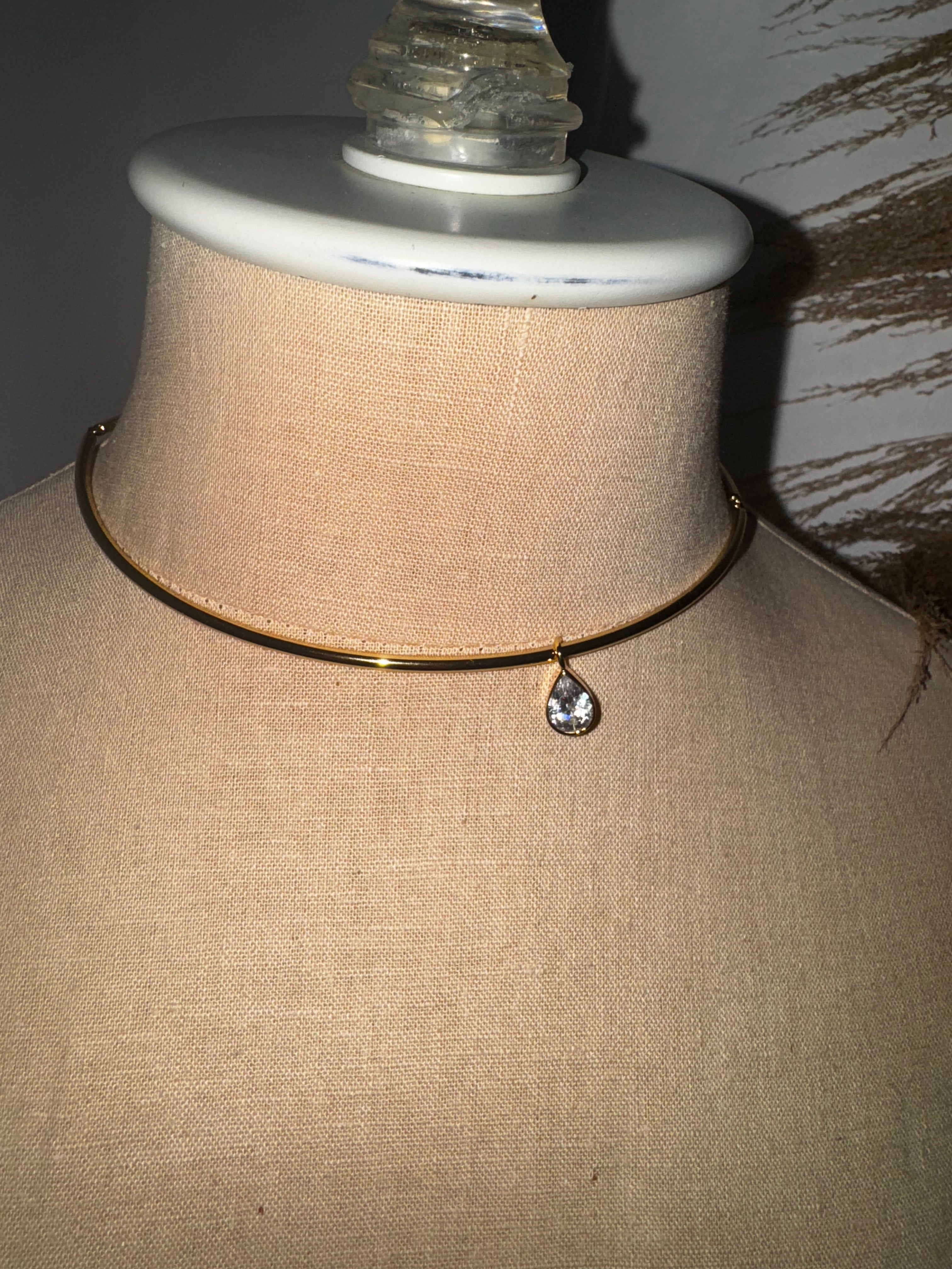 Gold Choker with Tear Drop Crystal Necklace