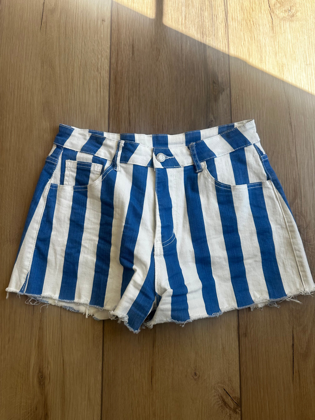 Blue and White Striped Shorts (Size Medium)