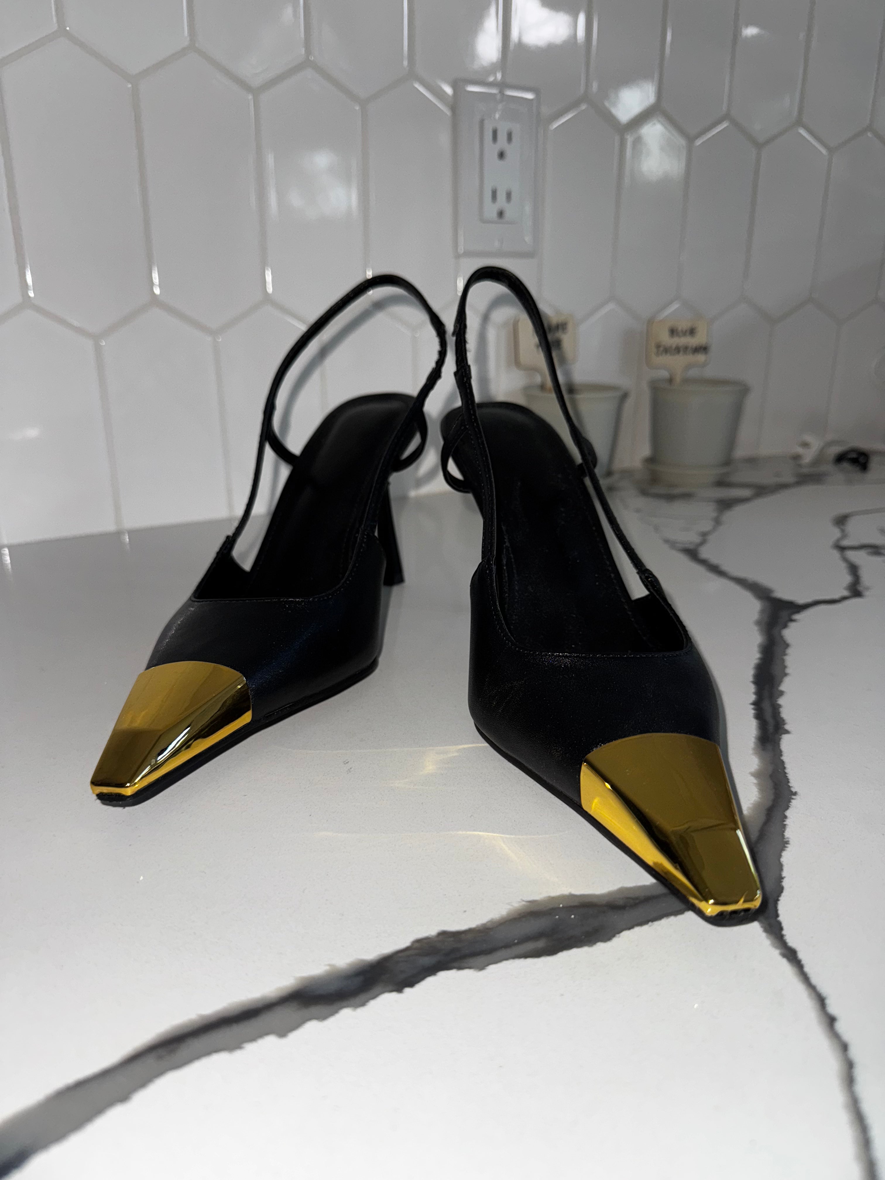 Gold Pointed Toe with Leather High Stilettos