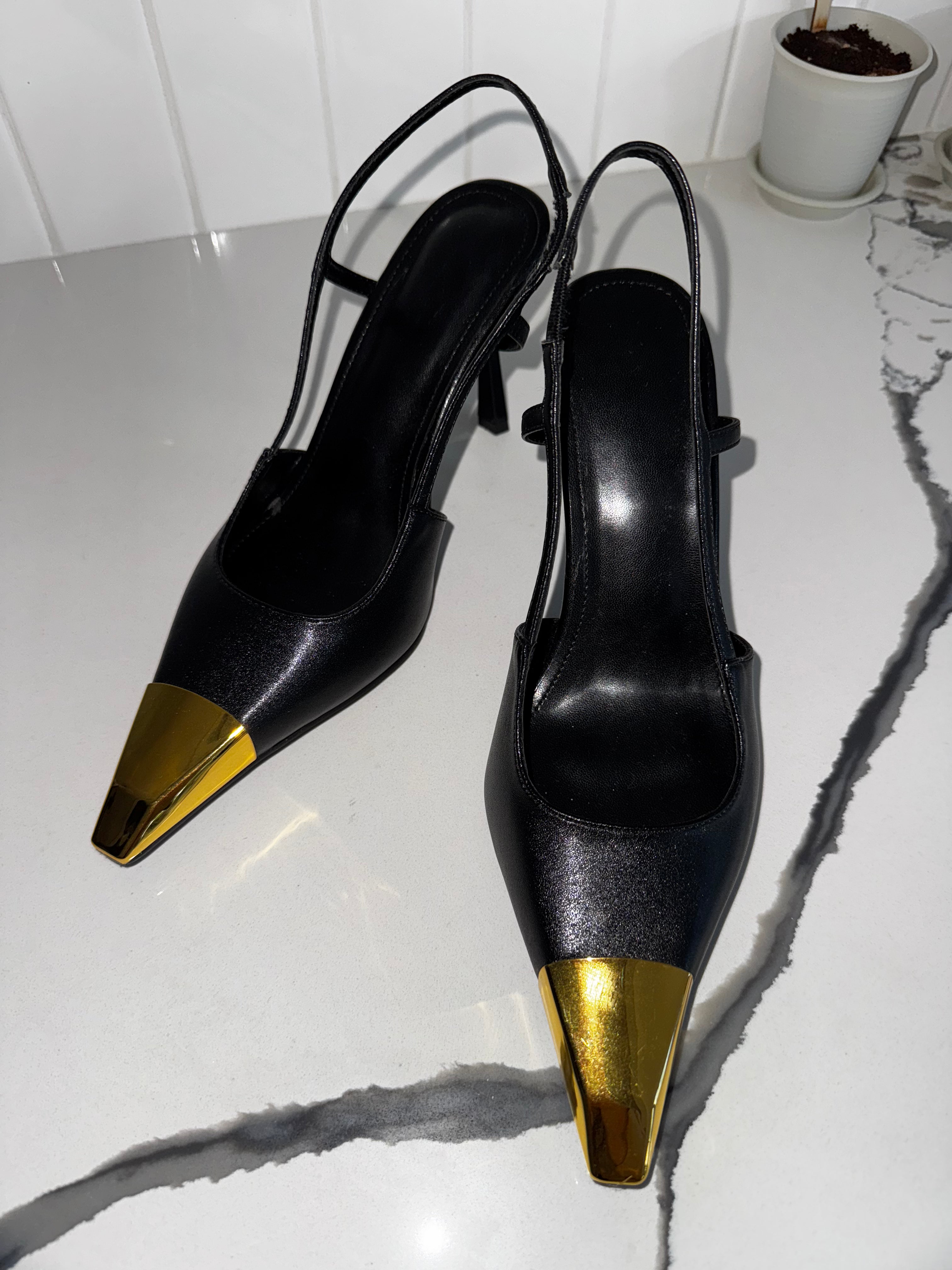 Gold Pointed Toe with Leather High Stilettos
