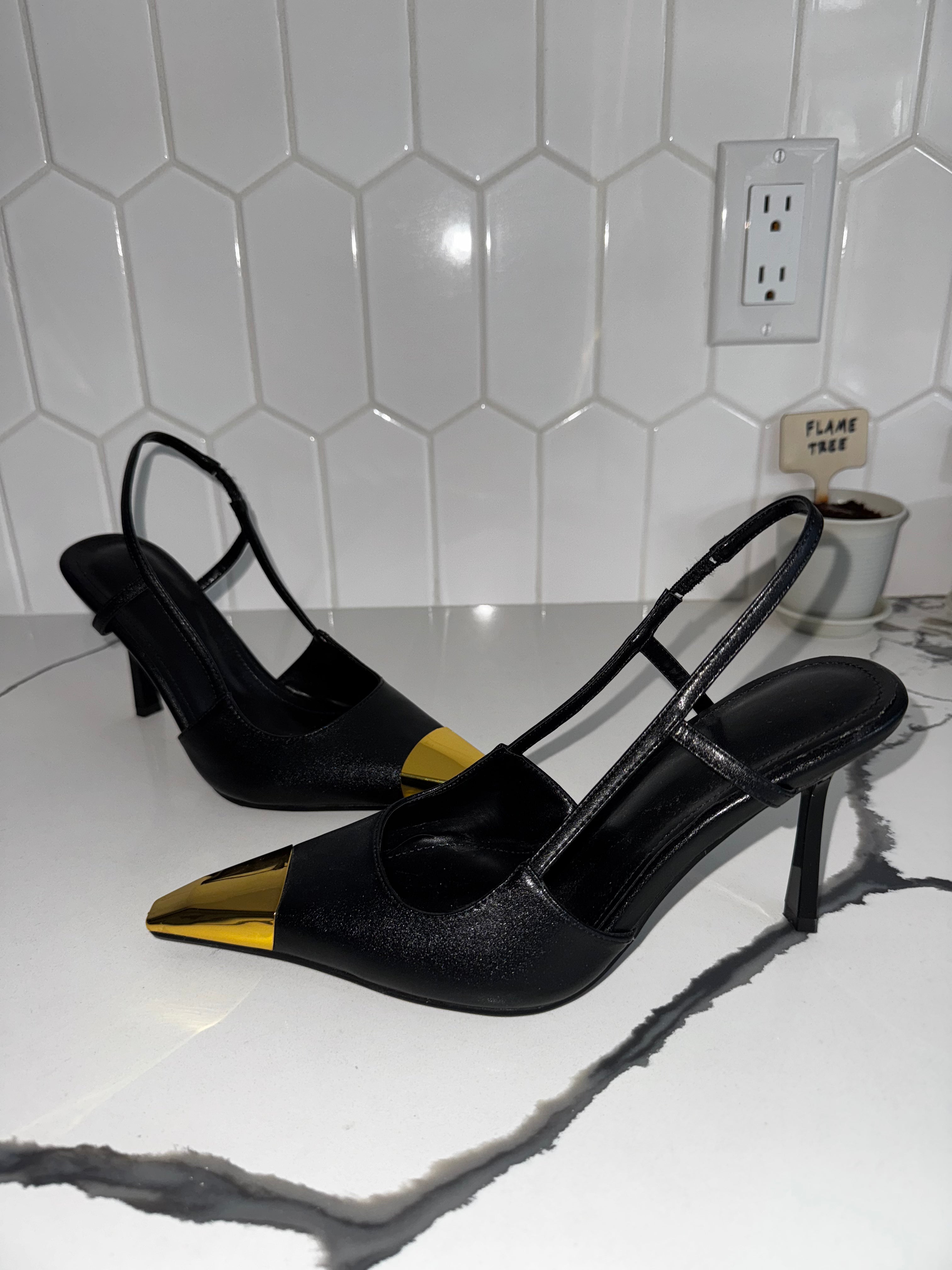 Gold Pointed Toe with Leather High Stilettos