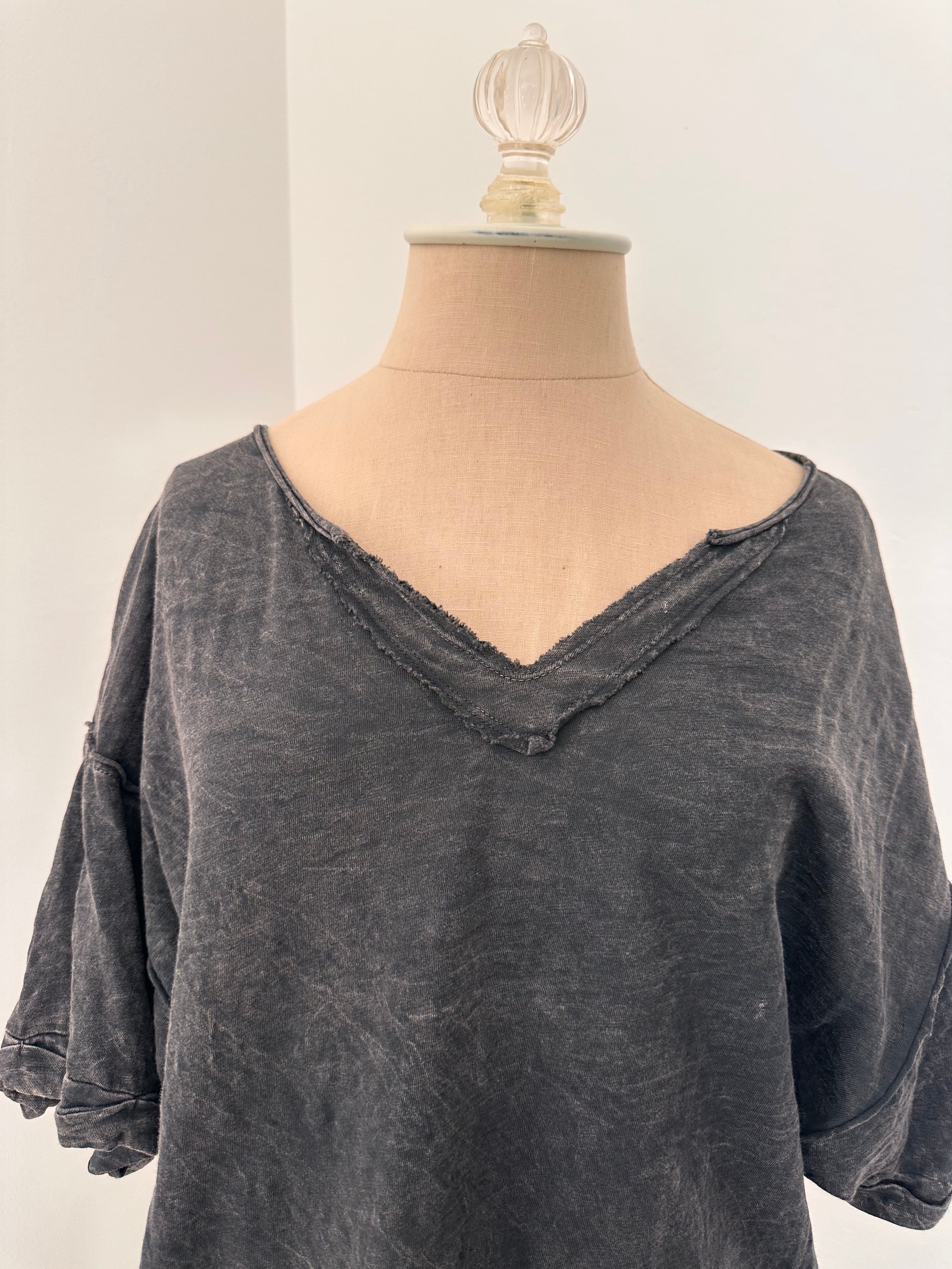 Gray Vneck Distressed Tee (Size Small)