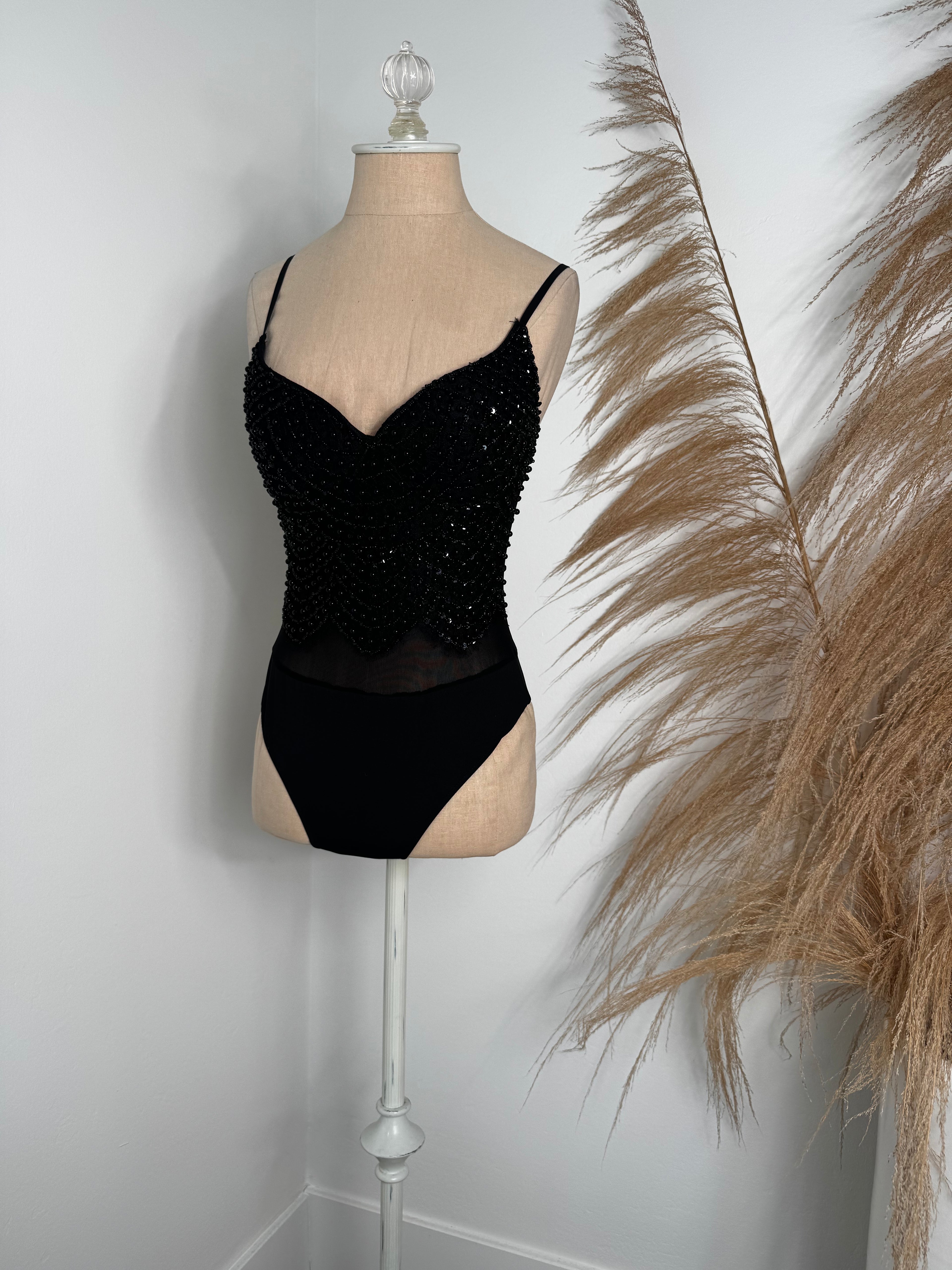 Black Beaded Bodysuit with Built In Bra