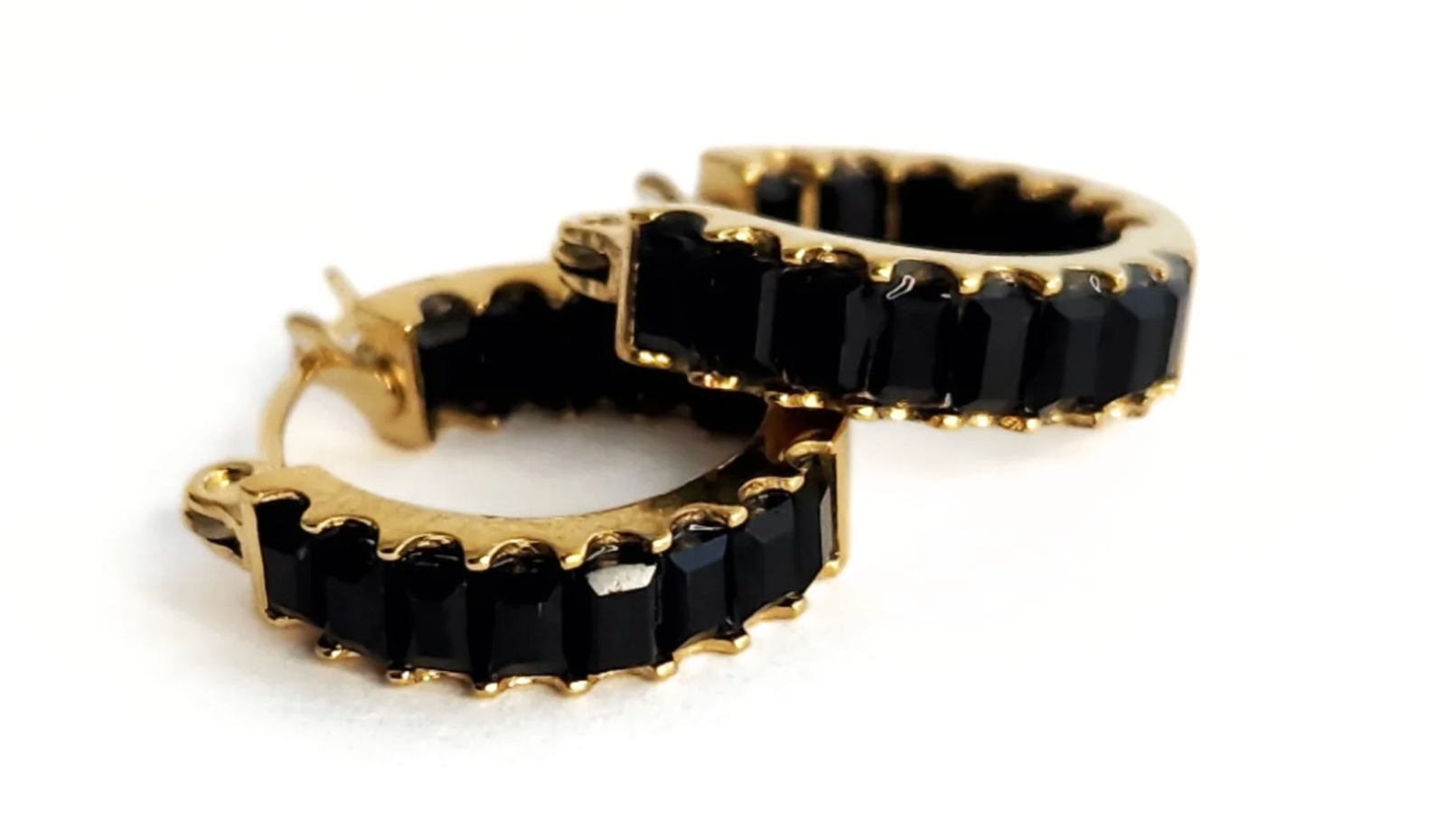Black Baguette Huggie Hoops  New