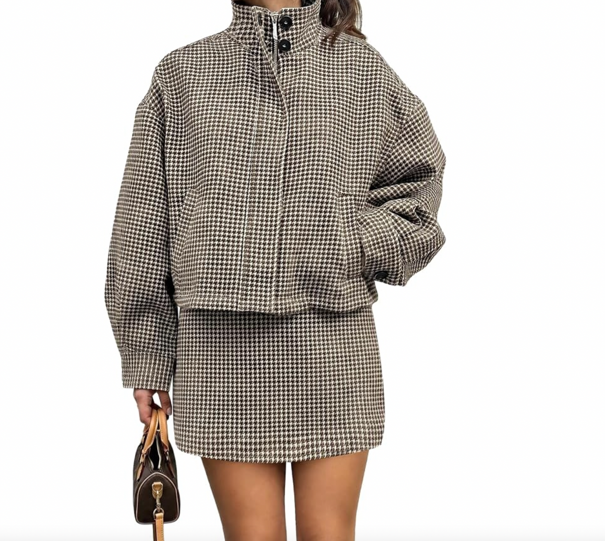 Black Plaid Bomber Jacket and Skirt Set(Size Small)